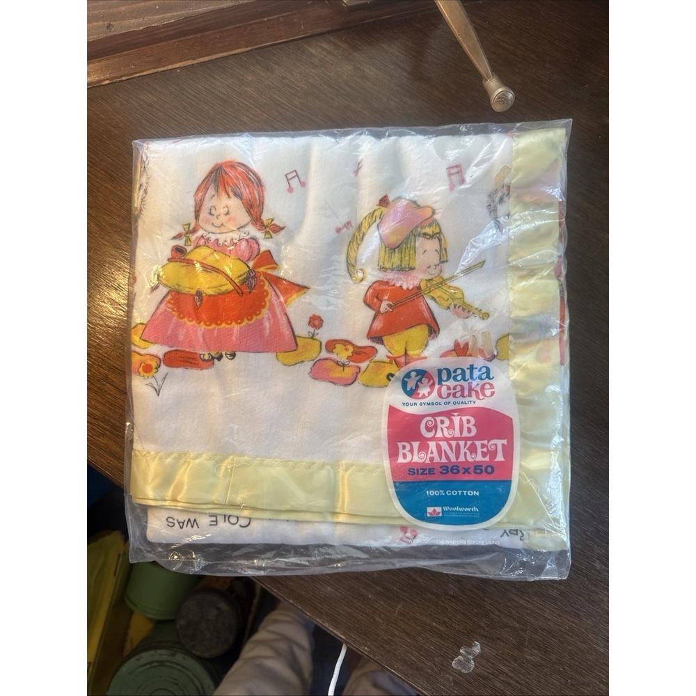 Vtg Pata Cake Baby Crib Blanket 36x50" Cotton Woolworth's Old King Cole Satin